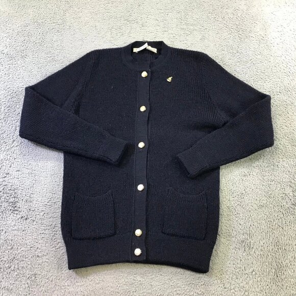 Merino Wool Cardigan Womens P Blue Knit V Neck Gold Buttons Grandma Talbots - Picture 1 of 9